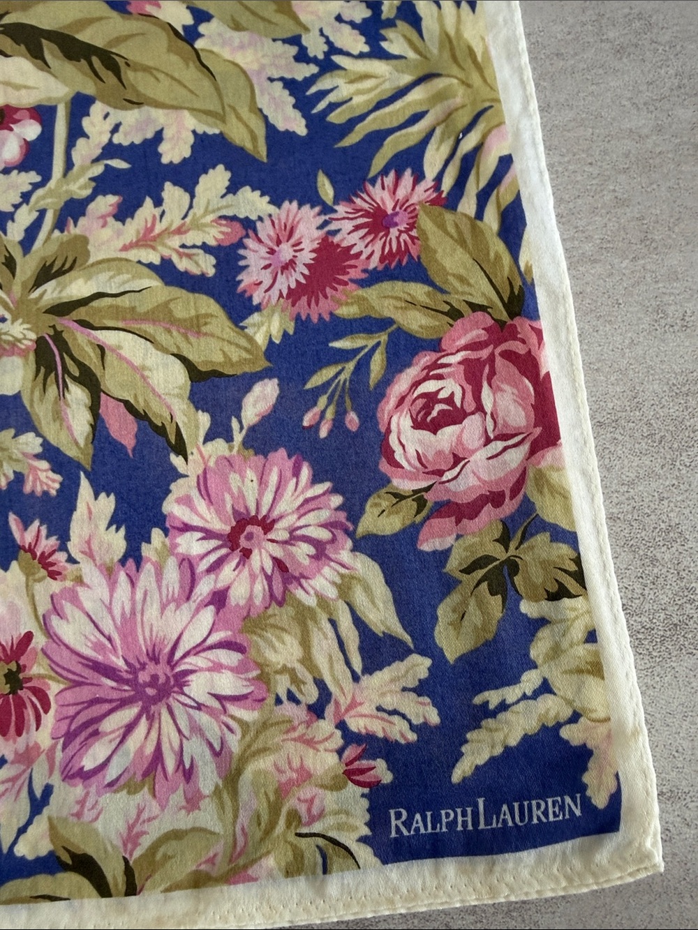 Ralph Lauren Blue Floral cotton Scarf with Pink Blooms - Picture 2 of 6